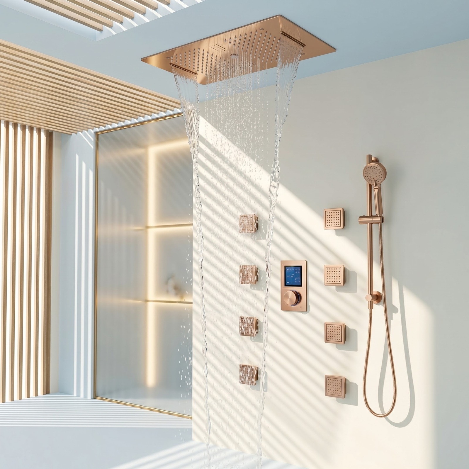 BathSelect Matte Black Digital Square Ceiling Rainfall Shower System With 8 Body Jets Handheld Sprayer